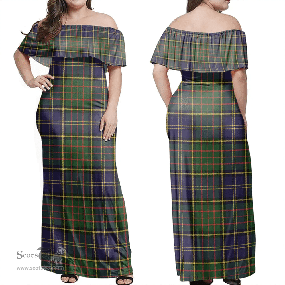 Scottish MacMillan Hunting Modern Clan Tartan Off Shoulder Long Dress - Classic Scottish Plaid Tartan Plaid