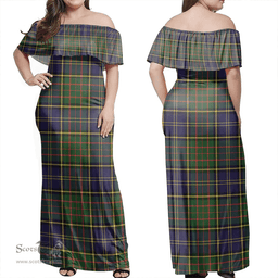 Scottish MacMillan Hunting Modern Clan Tartan Off Shoulder Long Dress - Classic Scottish Plaid Tartan Plaid