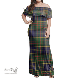 Scottish MacMillan Hunting Modern Clan Tartan Off Shoulder Long Dress - Classic Scottish Plaid Tartan Plaid