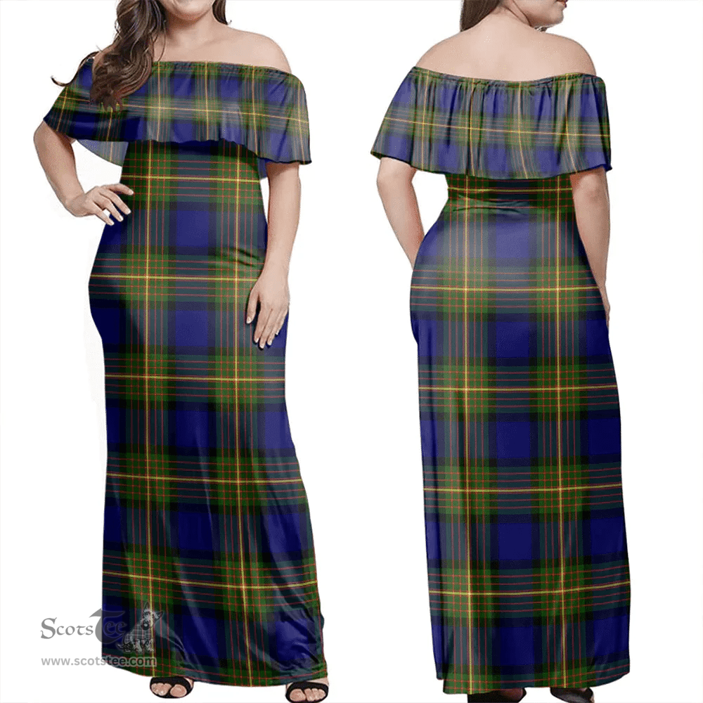 Scottish More (Muir) Clan Tartan Off Shoulder Long Dress - Classic Scottish Plaid Tartan Plaid