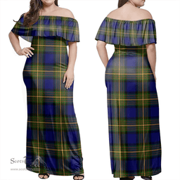 Scottish More (Muir) Clan Tartan Off Shoulder Long Dress - Classic Scottish Plaid Tartan Plaid