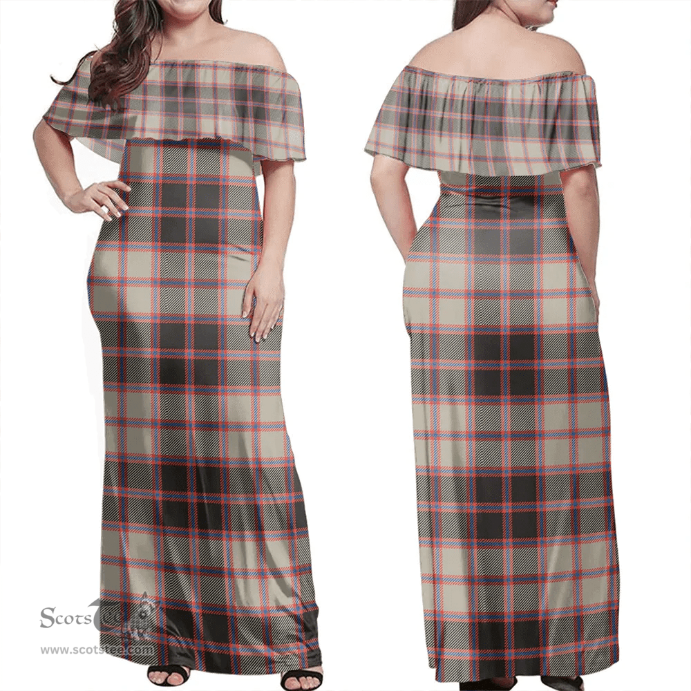 Scottish MacPherson Hunting Ancient Clan Tartan Off Shoulder Long Dress - Classic Scottish Plaid Tartan Plaid