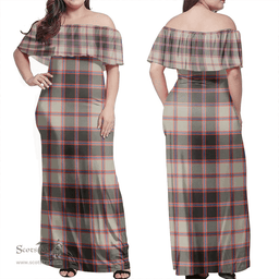 Scottish MacPherson Hunting Ancient Clan Tartan Off Shoulder Long Dress - Classic Scottish Plaid Tartan Plaid