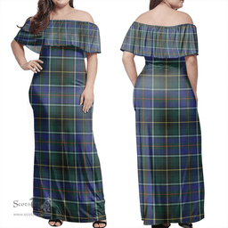 Scottish MacInnes Modern Clan Tartan Off Shoulder Long Dress - Classic Scottish Plaid Tartan Plaid