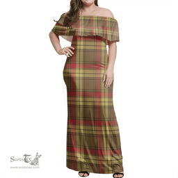 Scottish MacMillan Old Weathered Clan Tartan Off Shoulder Long Dress - Classic Scottish Plaid Tartan Plaid