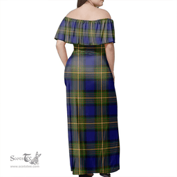 Scottish More (Muir) Clan Tartan Off Shoulder Long Dress - Classic Scottish Plaid Tartan Plaid