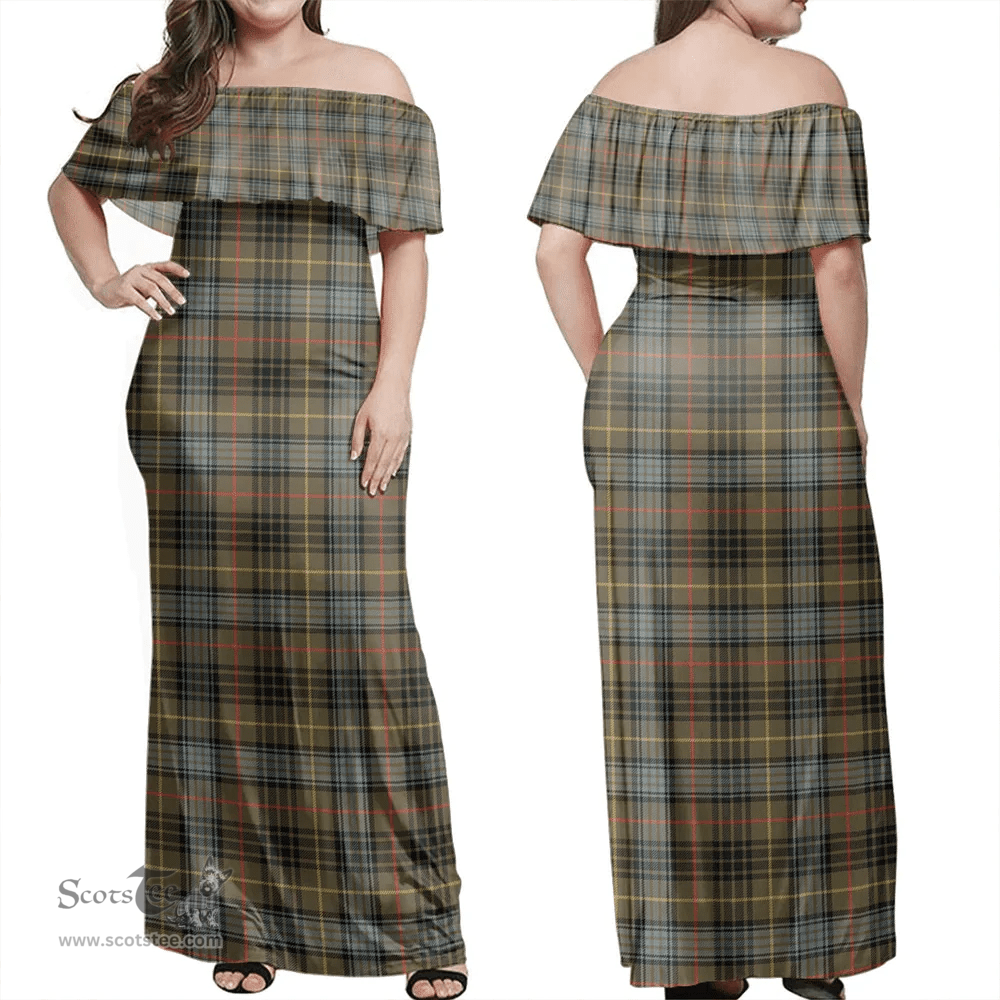 Scottish Stewart Hunting Weathered Clan Tartan Off Shoulder Long Dress - Classic Scottish Plaid Tartan Plaid