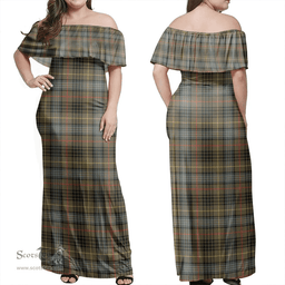 Scottish Stewart Hunting Weathered Clan Tartan Off Shoulder Long Dress - Classic Scottish Plaid Tartan Plaid