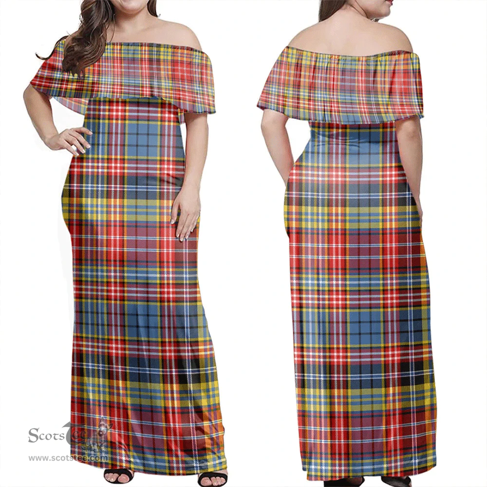Scottish Ogilvie Of Airlie Ancient Clan Tartan Off Shoulder Long Dress - Classic Scottish Plaid Tartan Plaid