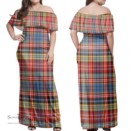 Scottish Ogilvie Of Airlie Ancient Clan Tartan Off Shoulder Long Dress - Classic Scottish Plaid Tartan Plaid