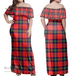 Scottish Ruthven Modern Clan Tartan Off Shoulder Long Dress - Classic Scottish Plaid Tartan Plaid