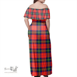 Scottish Ruthven Modern Clan Tartan Off Shoulder Long Dress - Classic Scottish Plaid Tartan Plaid