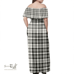 Scottish Scott Black & White Ancient Clan Tartan Off Shoulder Long Dress - Classic Scottish Plaid Tartan Plaid