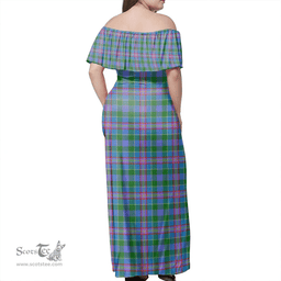 Scottish Pitcairn Hunting Clan Tartan Off Shoulder Long Dress - Classic Scottish Plaid Tartan Plaid