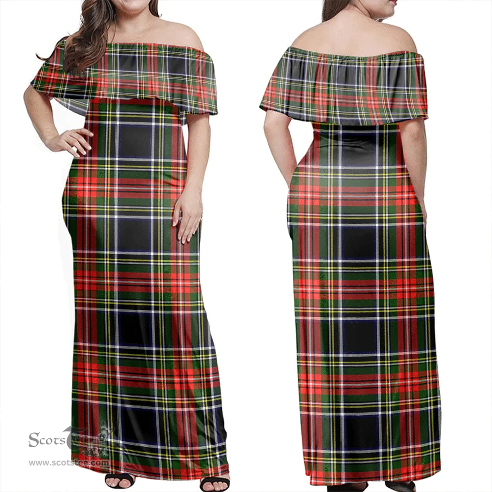 Scottish Stewart Black Clan Tartan Off Shoulder Long Dress - Classic Scottish Plaid Tartan Plaid