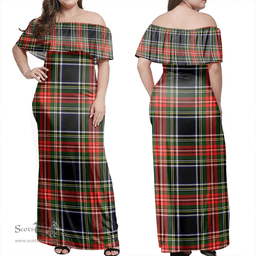 Scottish Stewart Black Clan Tartan Off Shoulder Long Dress - Classic Scottish Plaid Tartan Plaid