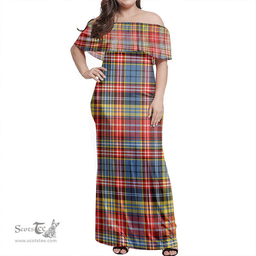 Scottish Ogilvie Of Airlie Ancient Clan Tartan Off Shoulder Long Dress - Classic Scottish Plaid Tartan Plaid