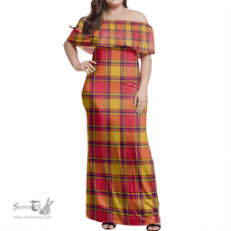 Scottish Scrymgeour Clan Tartan Off Shoulder Long Dress - Classic Scottish Plaid Tartan Plaid