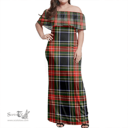 Scottish Stewart Black Clan Tartan Off Shoulder Long Dress - Classic Scottish Plaid Tartan Plaid