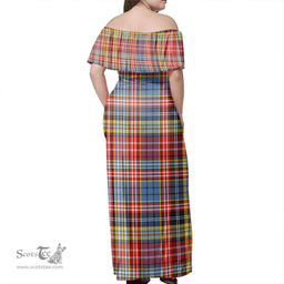 Scottish Ogilvie Of Airlie Ancient Clan Tartan Off Shoulder Long Dress - Classic Scottish Plaid Tartan Plaid