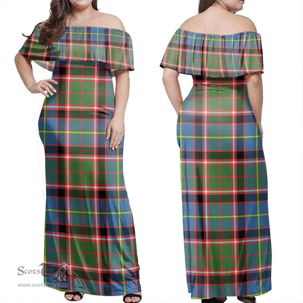 Scottish Stirling & Bannockburn District Clan Tartan Off Shoulder Long Dress - Classic Scottish Plaid Tartan Plaid