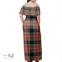 Scottish Stewart Black Clan Tartan Off Shoulder Long Dress - Classic Scottish Plaid Tartan Plaid