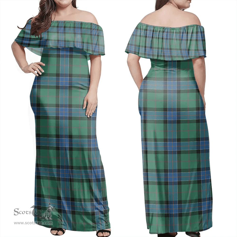 Scottish Sinclair Hunting Ancient Clan Tartan Off Shoulder Long Dress - Classic Scottish Plaid Tartan Plaid