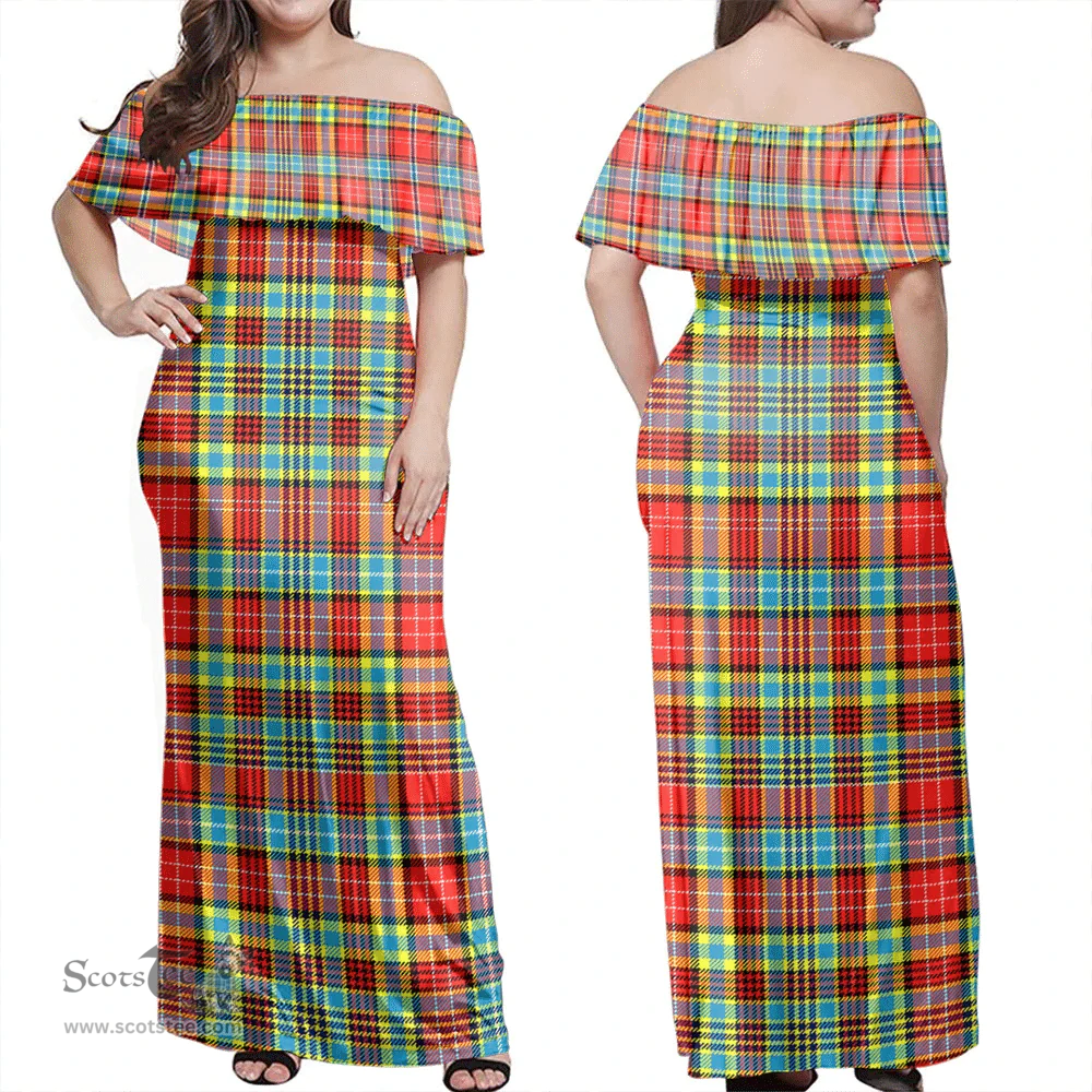 Scottish Ogilvie Clan Tartan Off Shoulder Long Dress - Classic Scottish Plaid Tartan Plaid