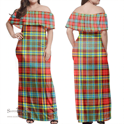 Scottish Ogilvie Clan Tartan Off Shoulder Long Dress - Classic Scottish Plaid Tartan Plaid