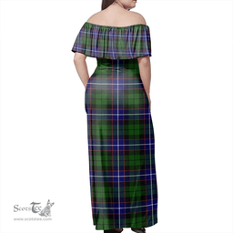 Scottish Russell Modern Clan Tartan Off Shoulder Long Dress - Classic Scottish Plaid Tartan Plaid