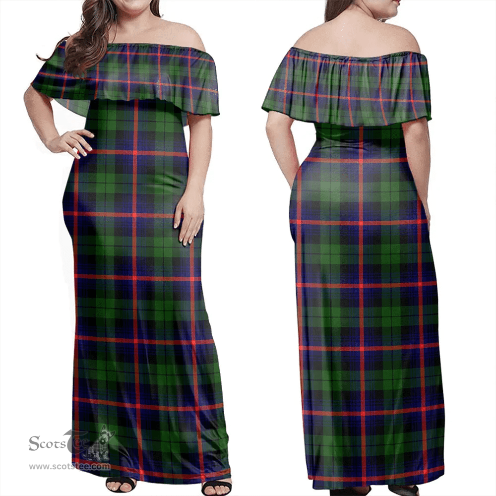 Scottish Urquhart Modern Clan Tartan Off Shoulder Long Dress - Classic Scottish Plaid Tartan Plaid
