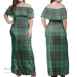 Scottish MacLean Hunting Clan Tartan Off Shoulder Long Dress - Classic Scottish Plaid Tartan Plaid