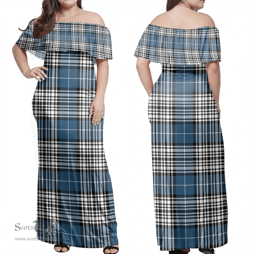 Scottish Napier Modern Clan Tartan Off Shoulder Long Dress - Classic Scottish Plaid Tartan Plaid