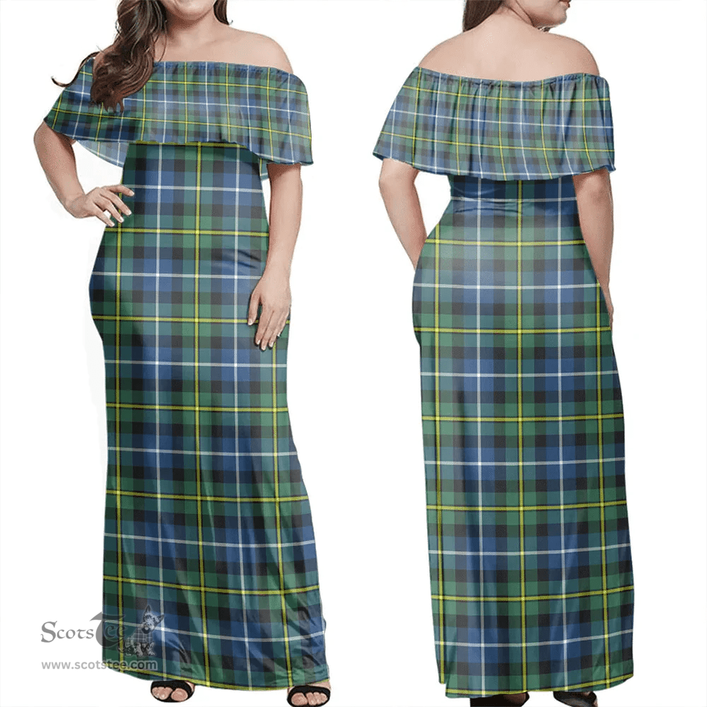 Scottish MacNeill Of Barra Ancient Clan Tartan Off Shoulder Long Dress - Classic Scottish Plaid Tartan Plaid