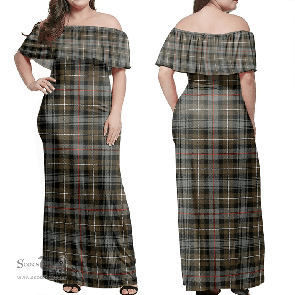 Scottish MacKenzie Weathered Clan Tartan Off Shoulder Long Dress - Classic Scottish Plaid Tartan Plaid