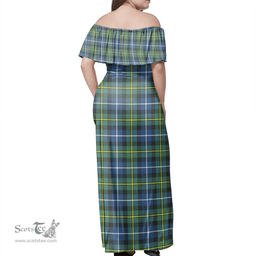 Scottish MacNeill Of Barra Ancient Clan Tartan Off Shoulder Long Dress - Classic Scottish Plaid Tartan Plaid