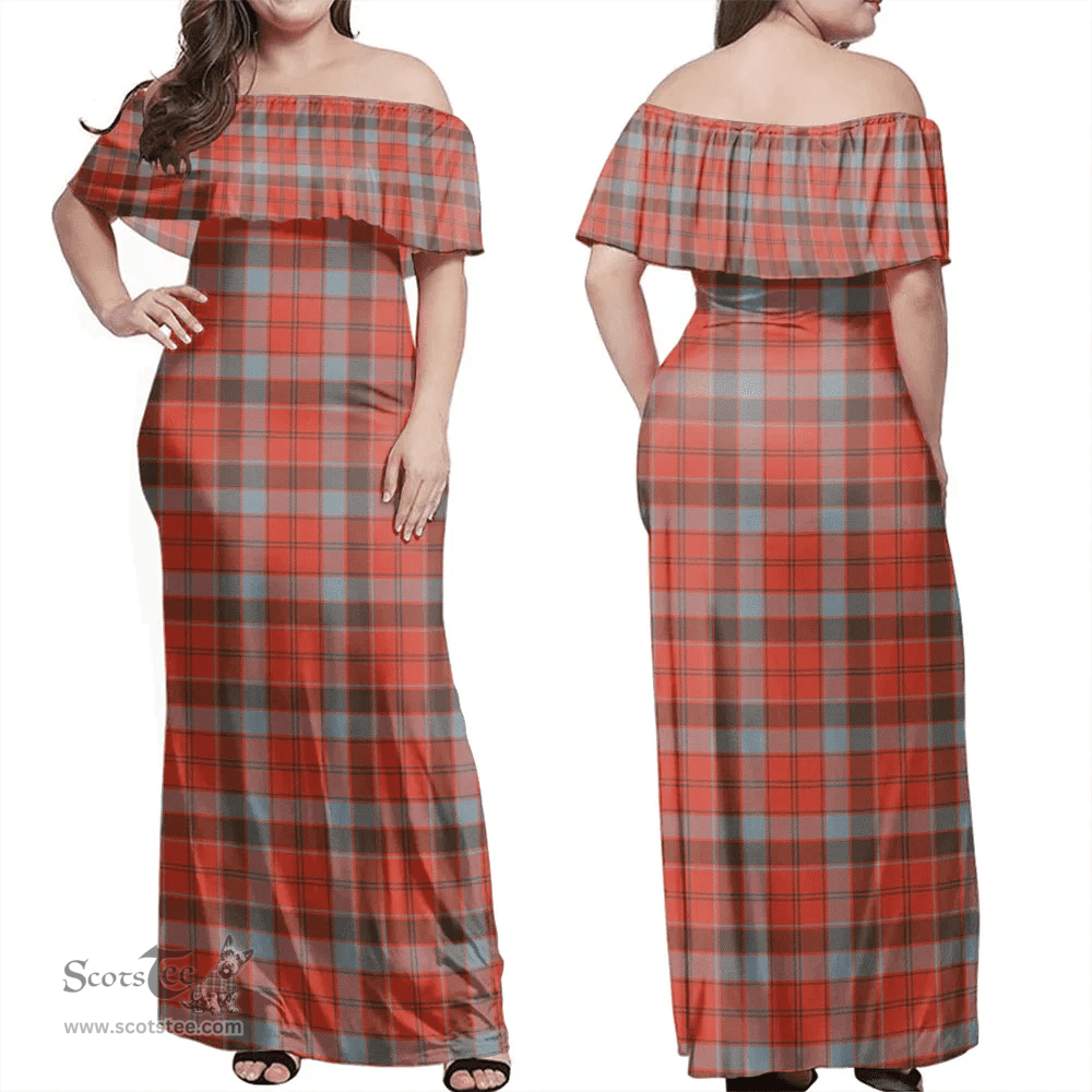 Scottish Robertson Weathered Clan Tartan Off Shoulder Long Dress - Classic Scottish Plaid Tartan Plaid