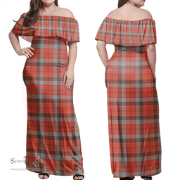 Scottish Robertson Weathered Clan Tartan Off Shoulder Long Dress - Classic Scottish Plaid Tartan Plaid