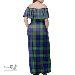 Scottish Sempill Modern Clan Tartan Off Shoulder Long Dress - Classic Scottish Plaid Tartan Plaid