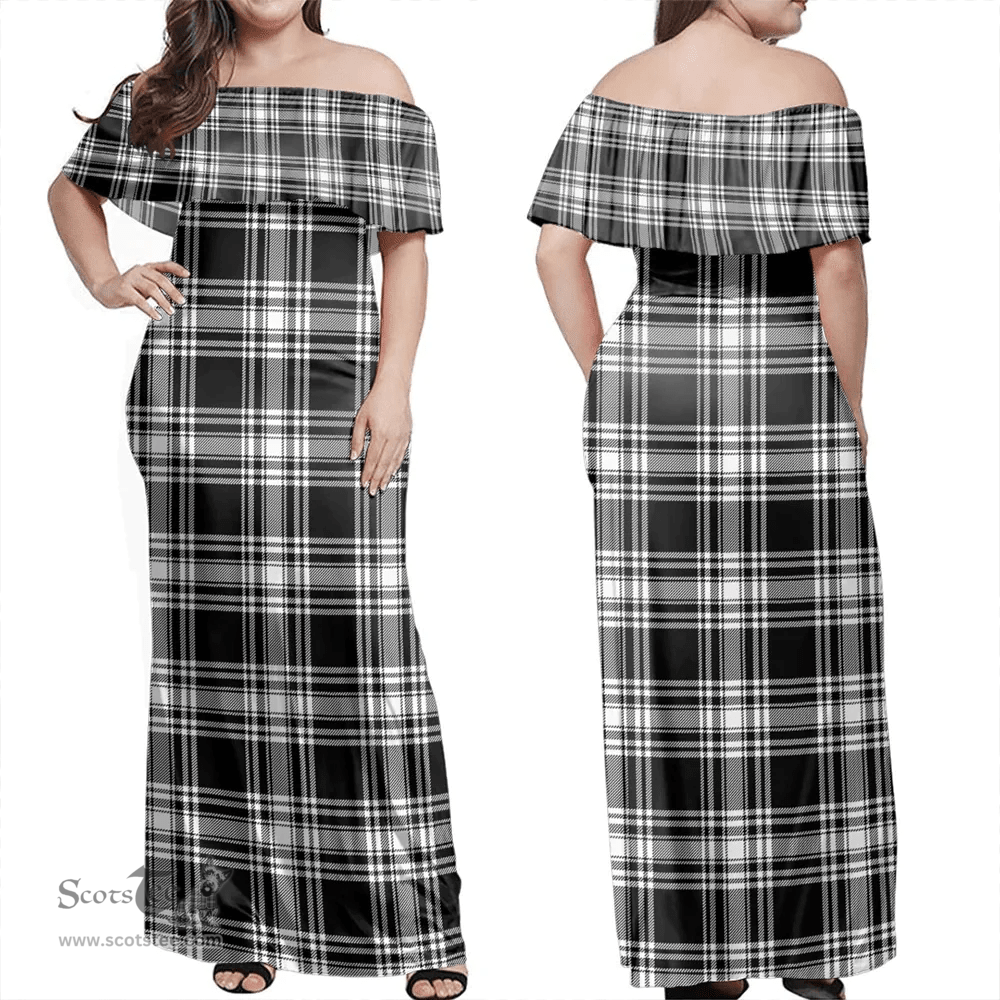 Scottish Menzies Black & White Modern Clan Tartan Off Shoulder Long Dress - Classic Scottish Plaid Tartan Plaid