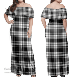Scottish Menzies Black & White Modern Clan Tartan Off Shoulder Long Dress - Classic Scottish Plaid Tartan Plaid