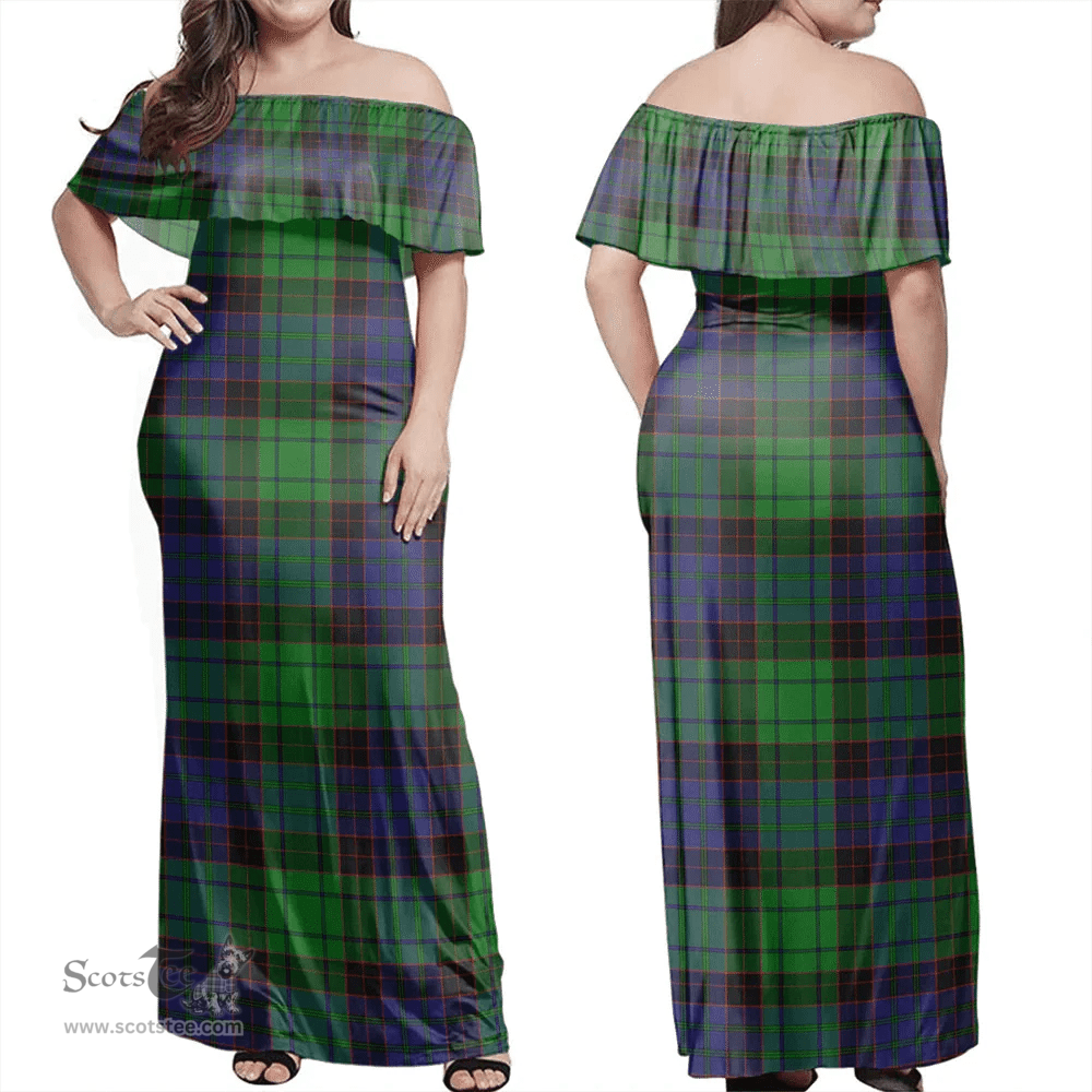 Scottish Stewart Old Modern Clan Tartan Off Shoulder Long Dress - Classic Scottish Plaid Tartan Plaid