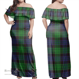 Scottish Stewart Old Modern Clan Tartan Off Shoulder Long Dress - Classic Scottish Plaid Tartan Plaid