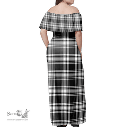 Scottish Menzies Black & White Modern Clan Tartan Off Shoulder Long Dress - Classic Scottish Plaid Tartan Plaid