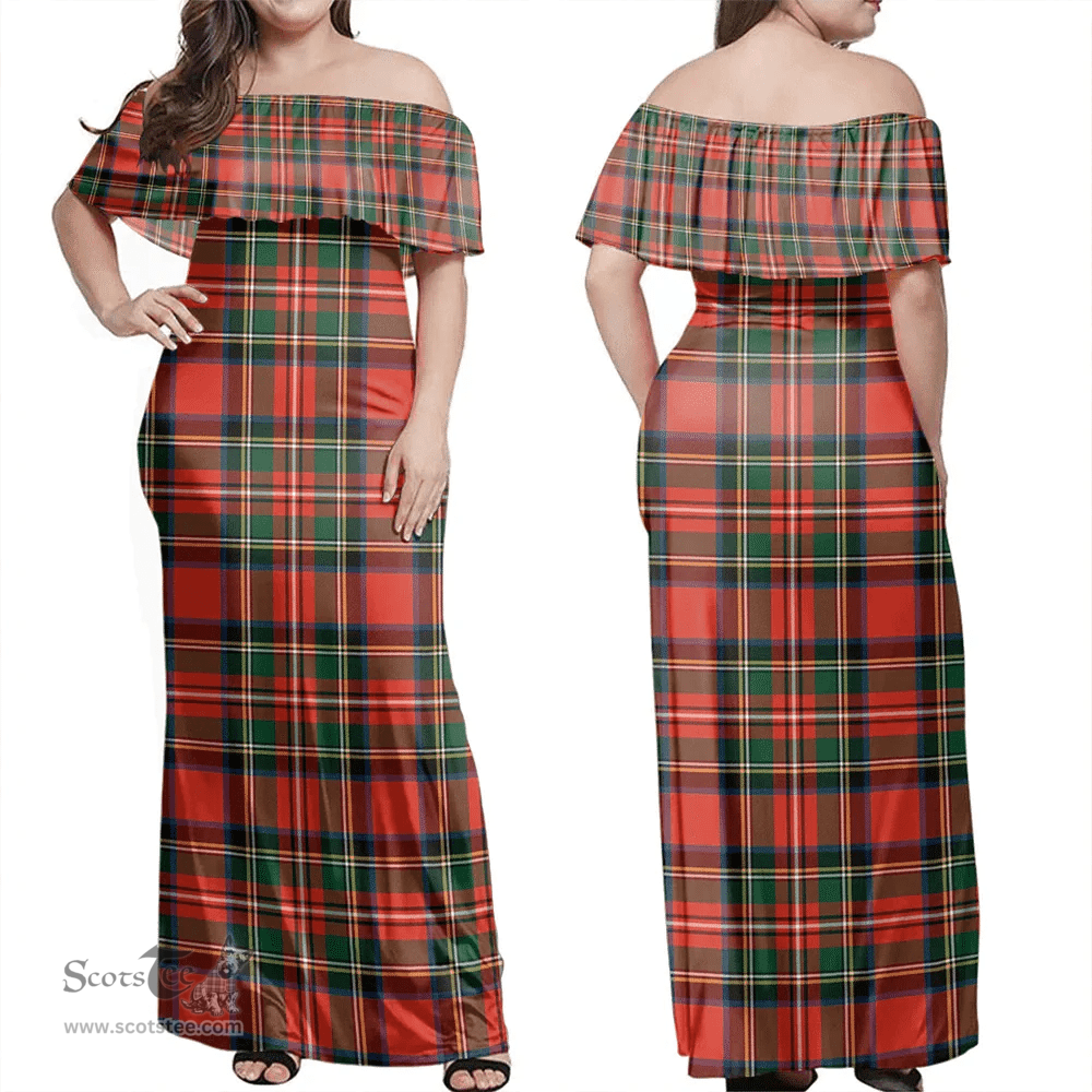 Scottish Stewart Royal Modern Clan Tartan Off Shoulder Long Dress - Classic Scottish Plaid Tartan Plaid