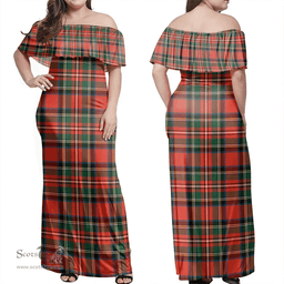 Scottish Stewart Royal Modern Clan Tartan Off Shoulder Long Dress - Classic Scottish Plaid Tartan Plaid