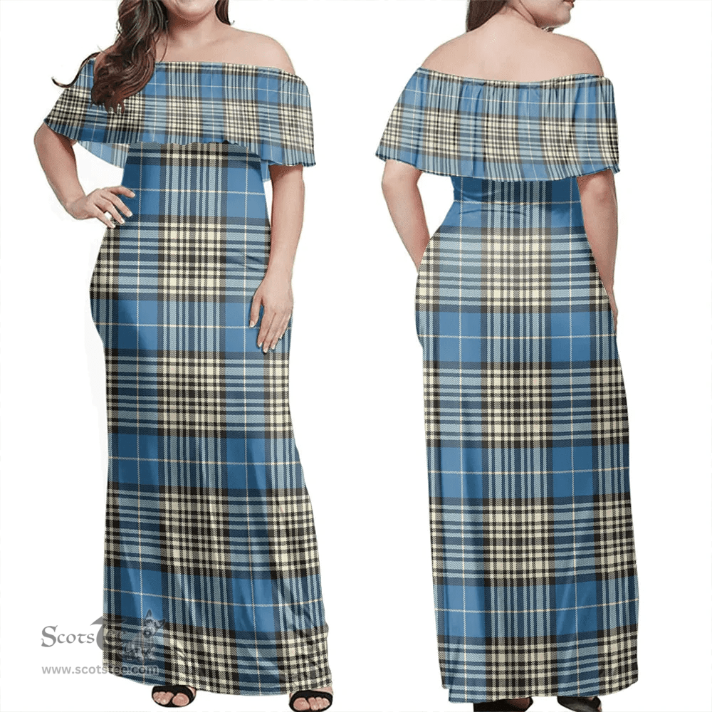 Scottish Napier Ancient Clan Tartan Off Shoulder Long Dress - Classic Scottish Plaid Tartan Plaid