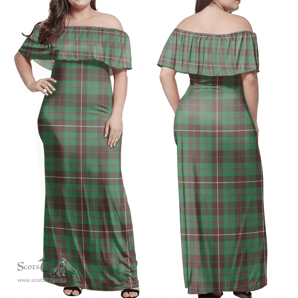 Scottish MacKinnon Hunting Ancient Clan Tartan Off Shoulder Long Dress - Classic Scottish Plaid Tartan Plaid
