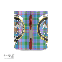 Scottish Ralston Family Crest and Green, Blue - Pink Tartan Personalized Coffee Mugs Scotland Gifts Scottish Plaid Tartan Plaid