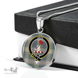 Scottish Brodie Silver (Brodie Muted) Weathered Clan Tartan Circle Necklace - Crest Classic Scottish Plaid Tartan Plaid